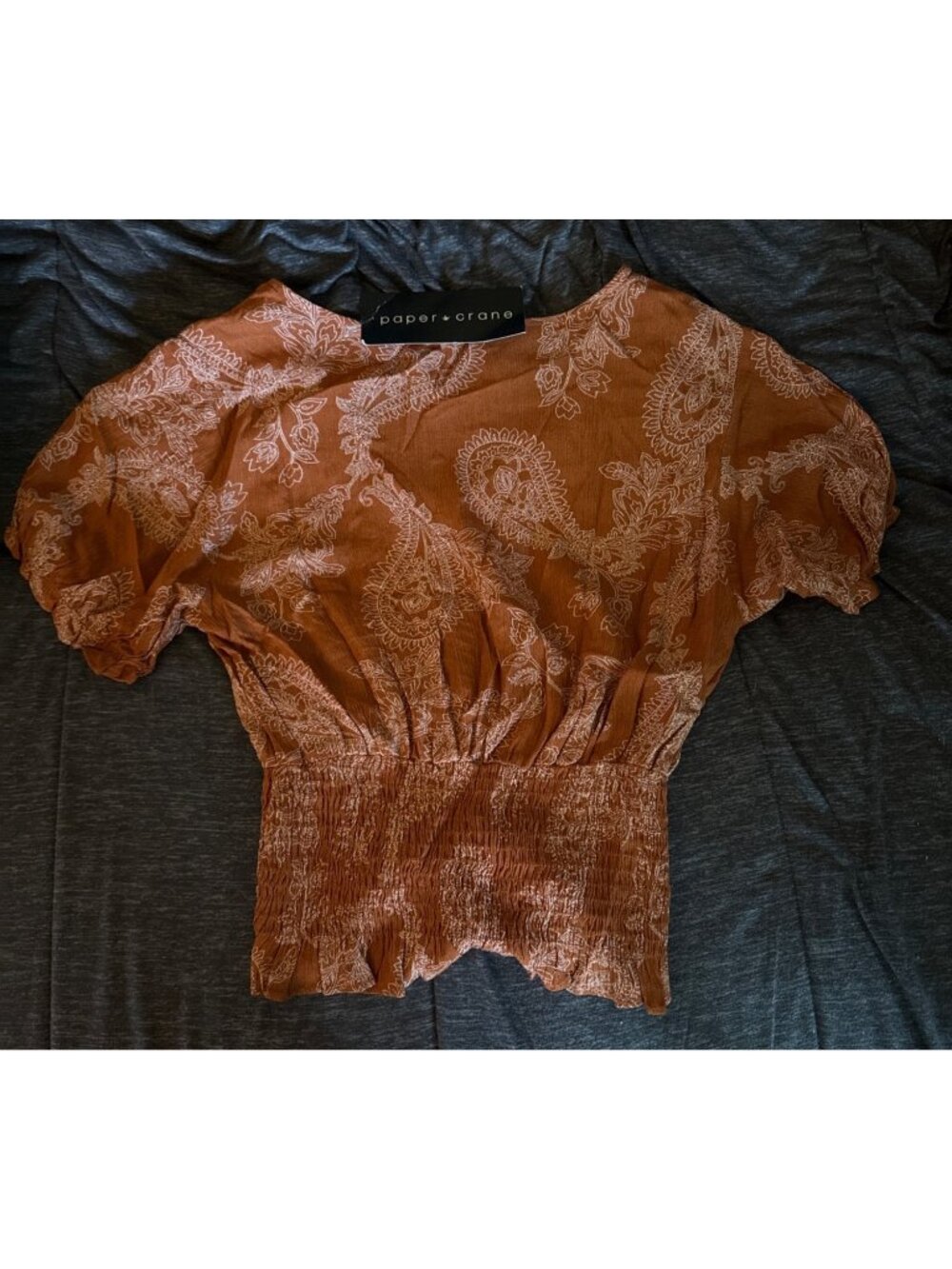 Paper Crane Womens Smocked Waist Boho Crop Top Rust Paisley Print S - Picture 4 of 5